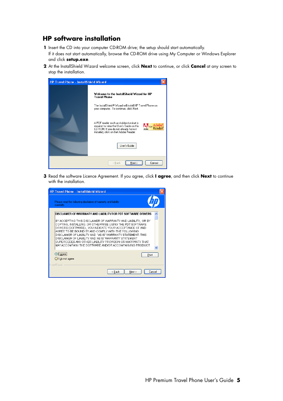 Hp software installation | HP Premium Travel Phone User Manual | Page 9 / 24