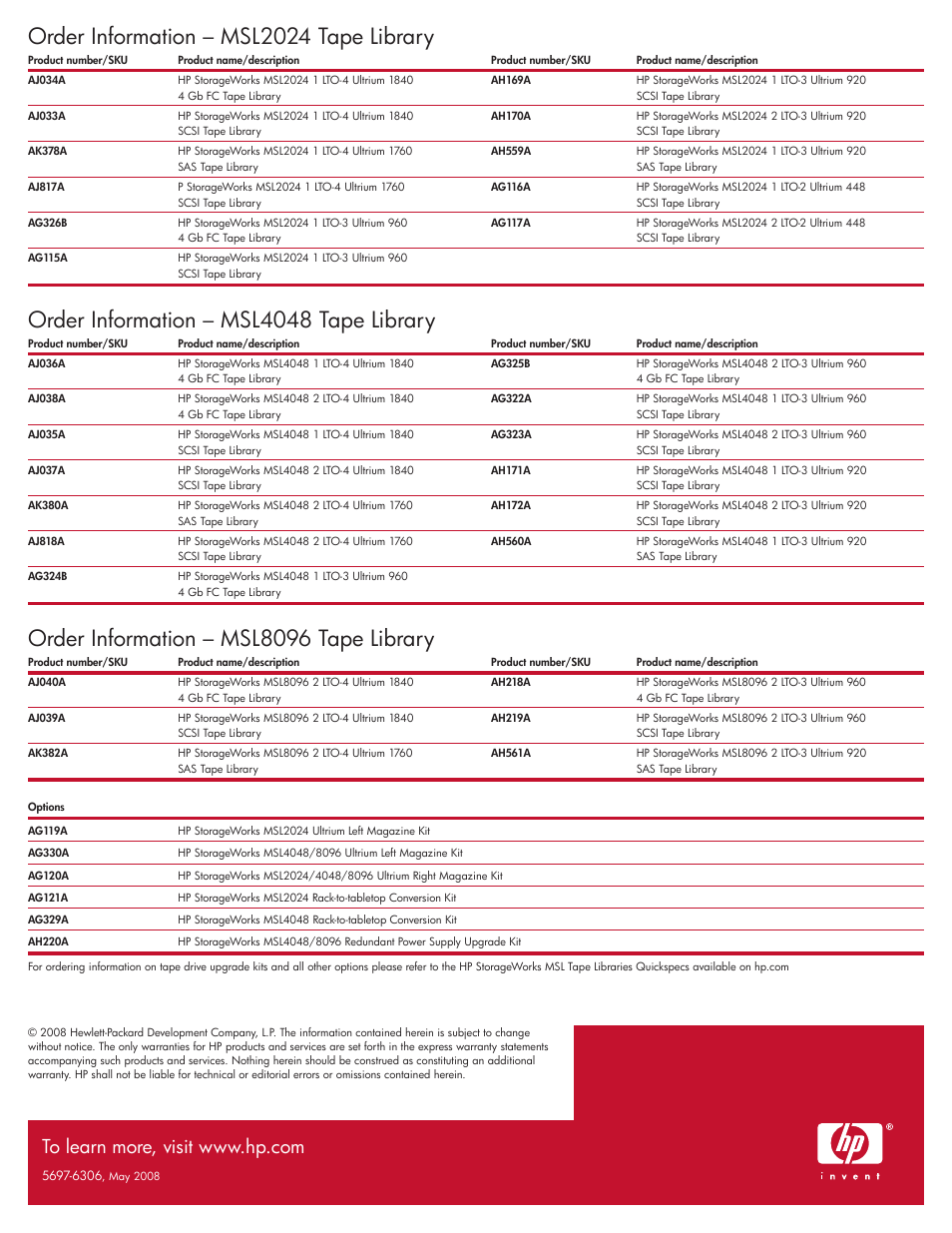 Order information – msl2024 tape library, Order information – msl4048 tape library, Order information – msl8096 tape library | HP MSL2024 User Manual | Page 4 / 4