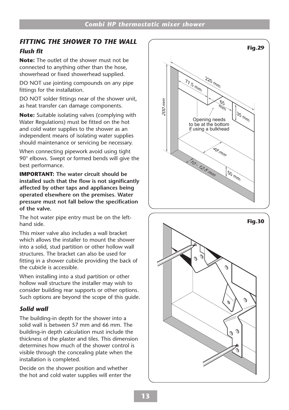 Fitting the shower to the wall - built-in, Solid wall, Fitting the shower to the wall | Combi hp thermostatic mixer shower, Flush fit | HP COMBI 2180206H User Manual | Page 15 / 36