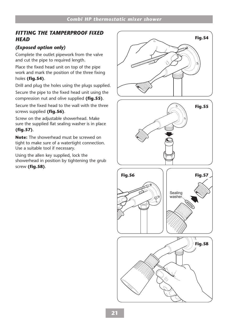 Fitting the tamperproof fixed head - exposed, Fitting the tamperproof fixed head | HP COMBI 2180206H User Manual | Page 23 / 36