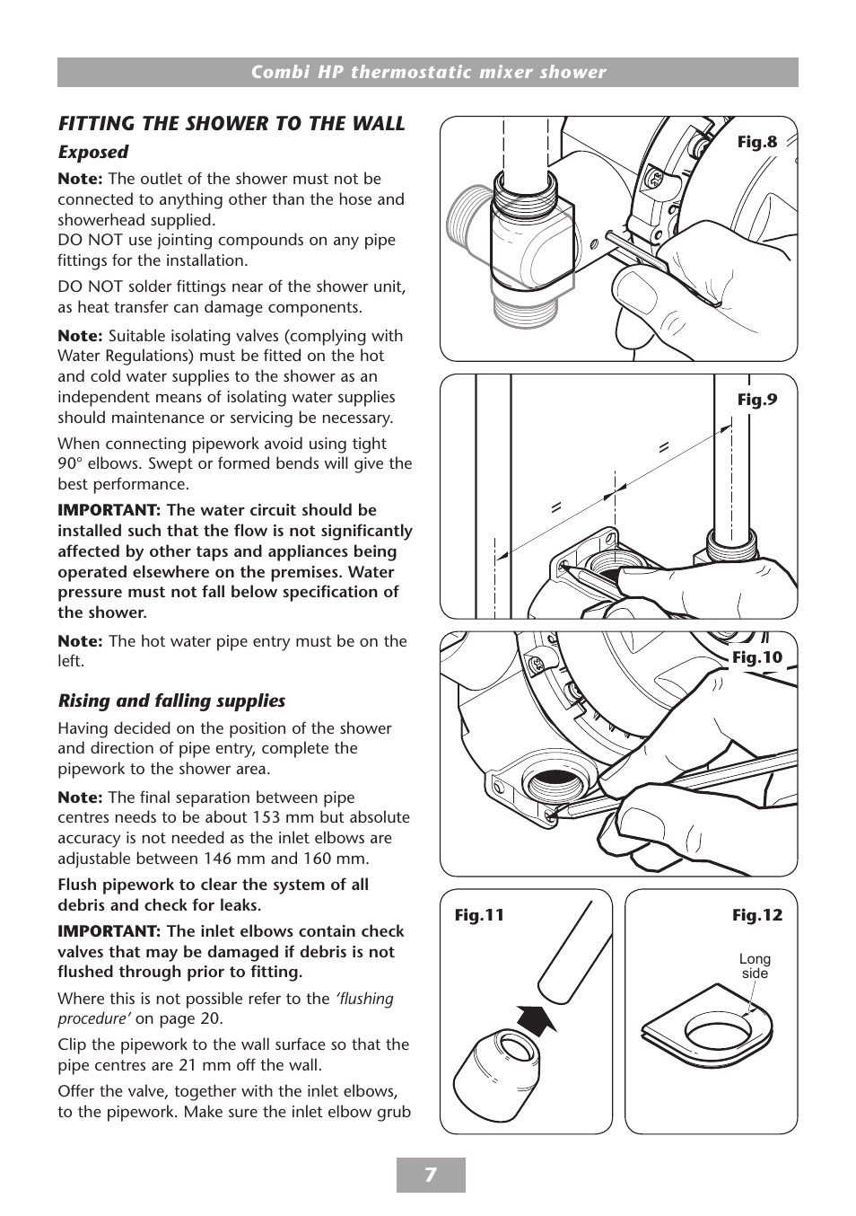 Fitting the shower to the wall - exposed, Rising and falling supplies, Fitting the shower to the wall | HP COMBI 2180206H User Manual | Page 9 / 36