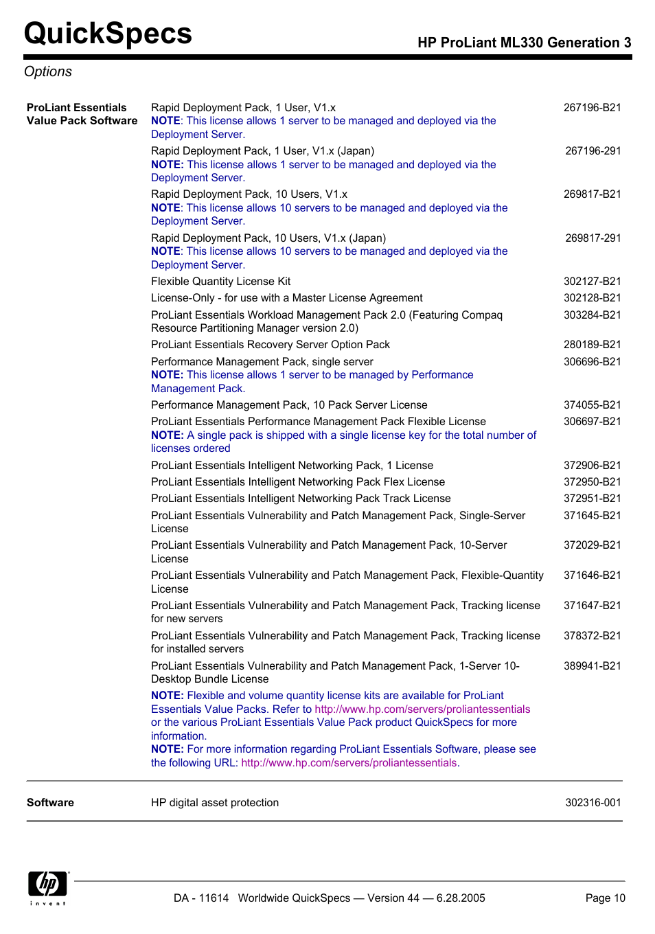 Options, Quickspecs, Hp proliant ml330 generation 3 options | HP ProLiant ML330 User Manual | Page 10 / 34