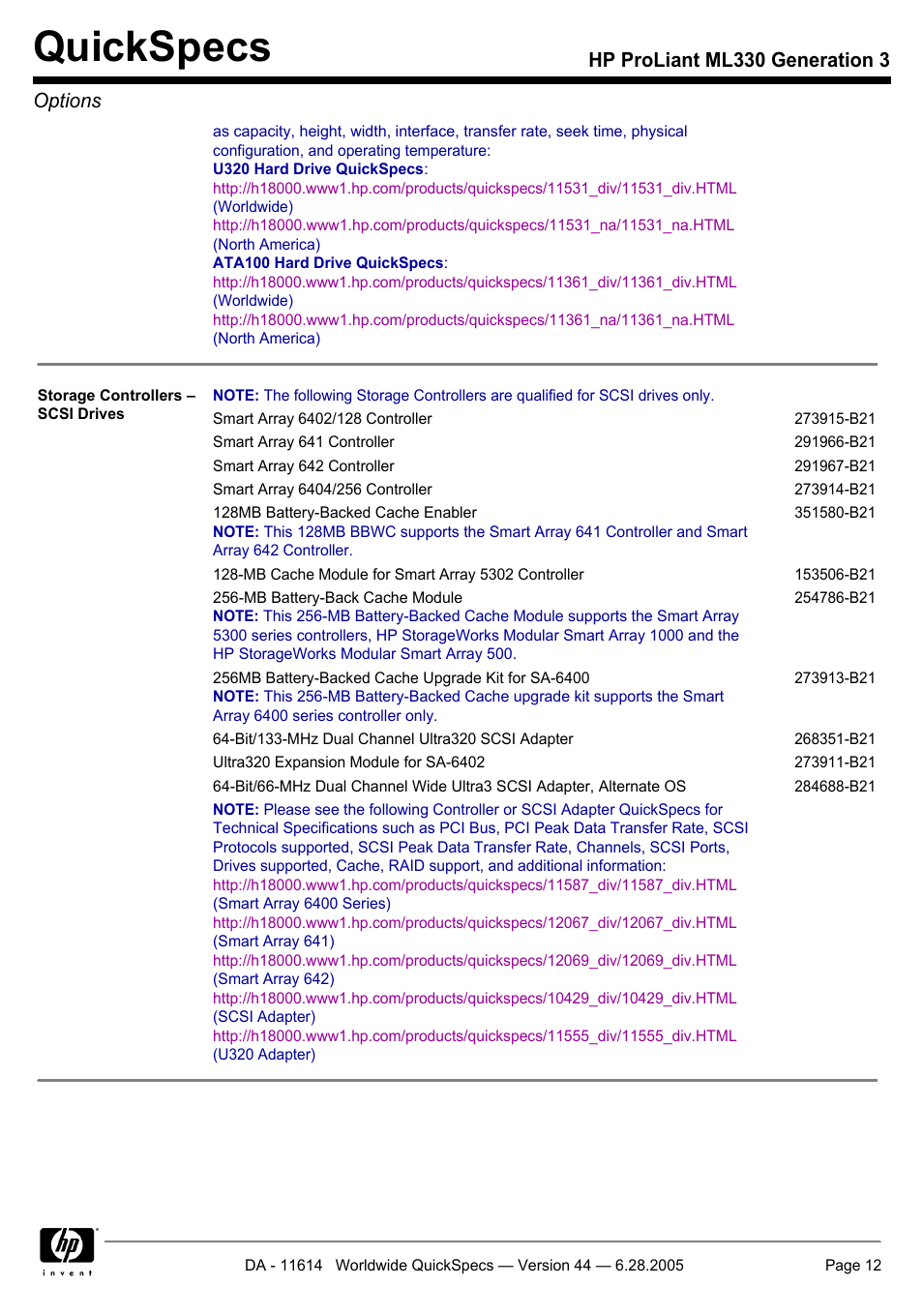 Quickspecs, Hp proliant ml330 generation 3 options | HP ProLiant ML330 User Manual | Page 12 / 34