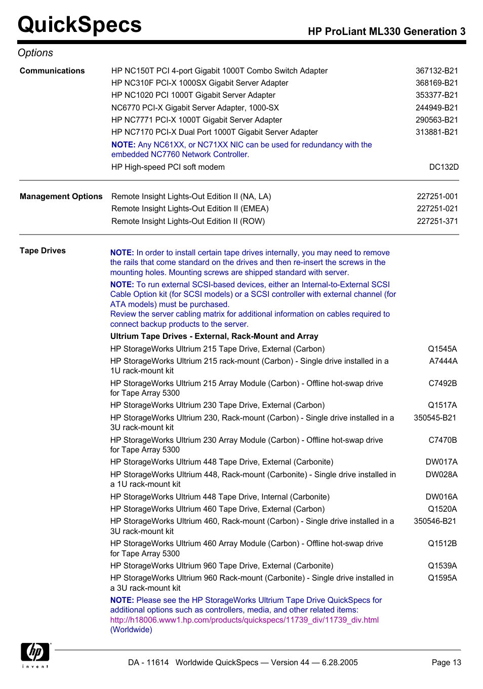 Quickspecs, Hp proliant ml330 generation 3 options | HP ProLiant ML330 User Manual | Page 13 / 34