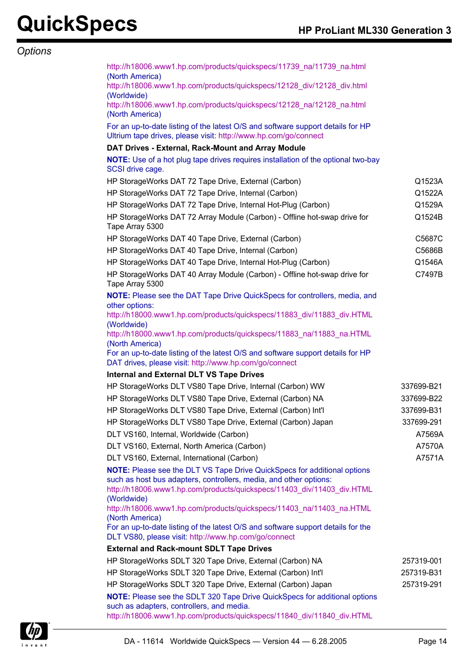 Quickspecs, Hp proliant ml330 generation 3 options | HP ProLiant ML330 User Manual | Page 14 / 34