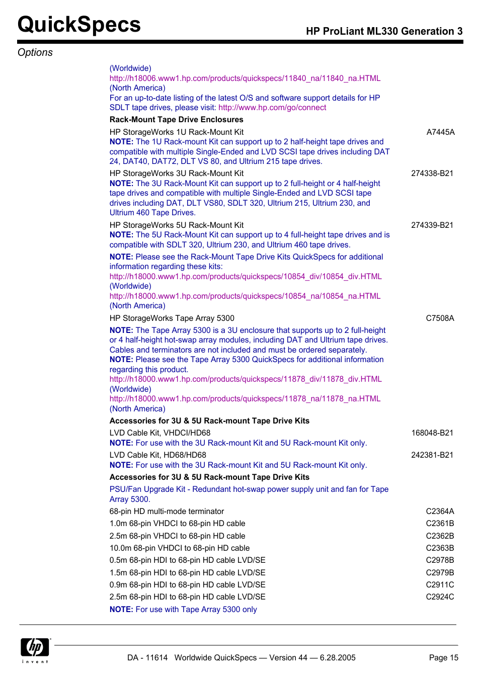 Quickspecs, Hp proliant ml330 generation 3 options | HP ProLiant ML330 User Manual | Page 15 / 34