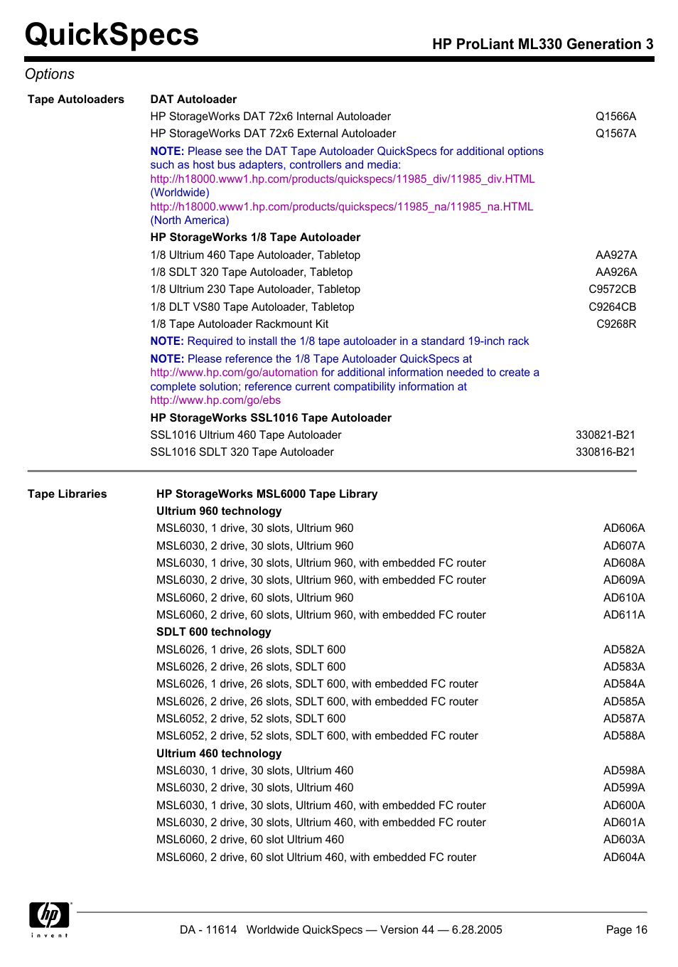 Quickspecs, Hp proliant ml330 generation 3 options | HP ProLiant ML330 User Manual | Page 16 / 34