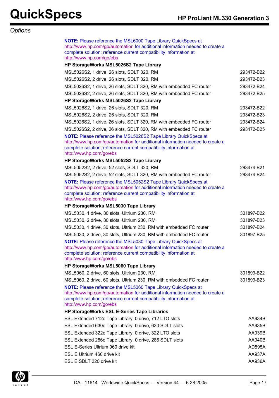 Quickspecs, Hp proliant ml330 generation 3 options | HP ProLiant ML330 User Manual | Page 17 / 34