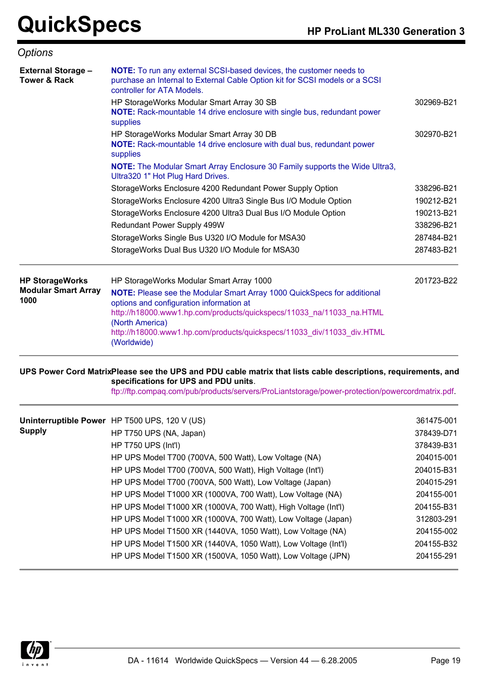 Quickspecs, Hp proliant ml330 generation 3 options | HP ProLiant ML330 User Manual | Page 19 / 34