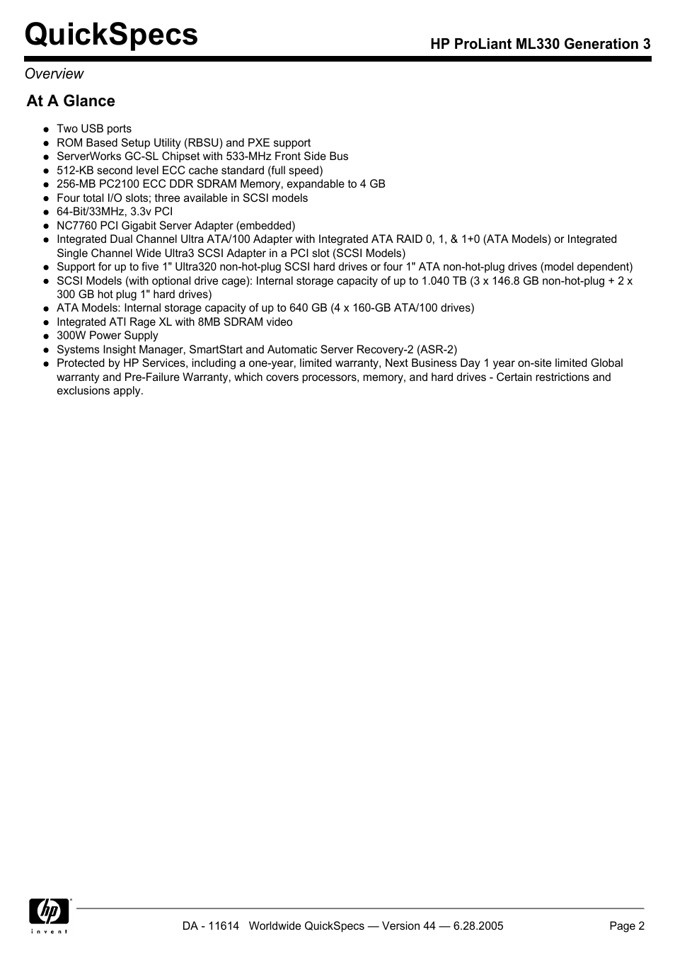 Quickspecs | HP ProLiant ML330 User Manual | Page 2 / 34