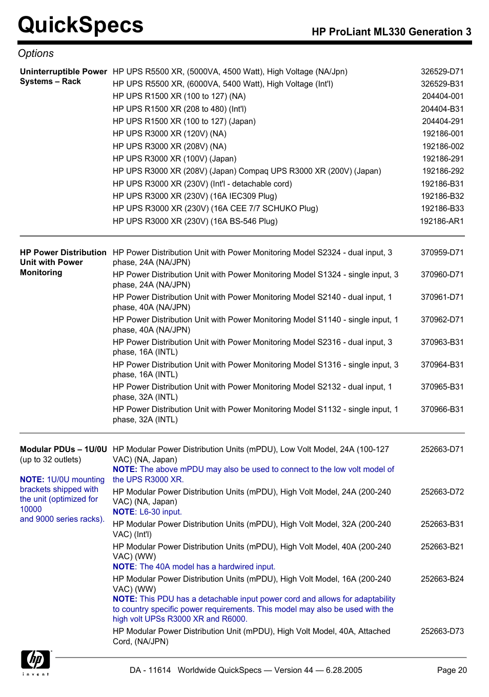 Quickspecs, Hp proliant ml330 generation 3 options | HP ProLiant ML330 User Manual | Page 20 / 34