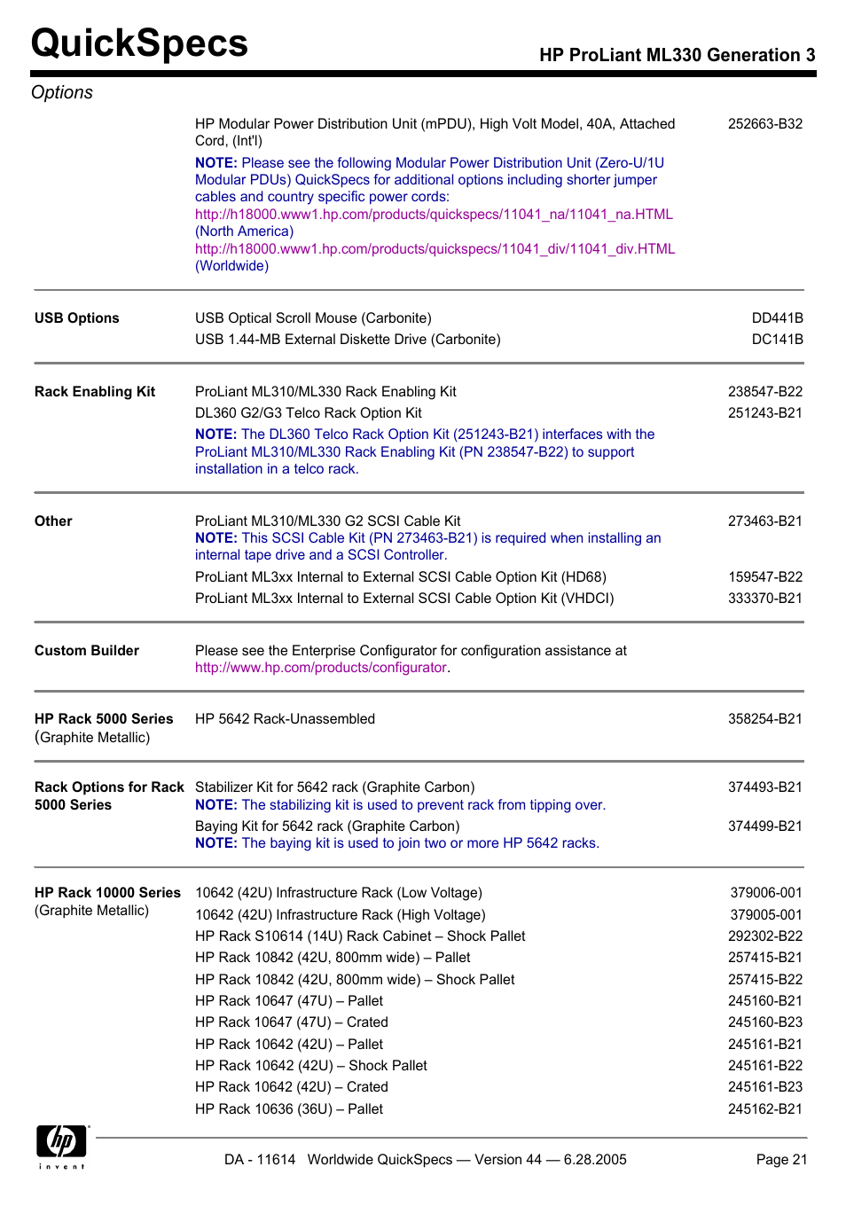 Quickspecs, Hp proliant ml330 generation 3 options | HP ProLiant ML330 User Manual | Page 21 / 34