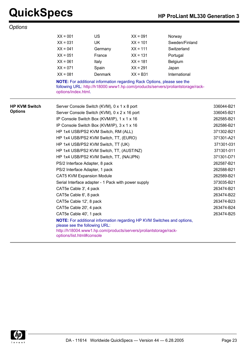 Quickspecs, Hp proliant ml330 generation 3 options | HP ProLiant ML330 User Manual | Page 23 / 34