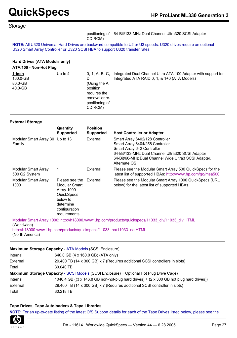 Quickspecs, Hp proliant ml330 generation 3 storage | HP ProLiant ML330 User Manual | Page 27 / 34
