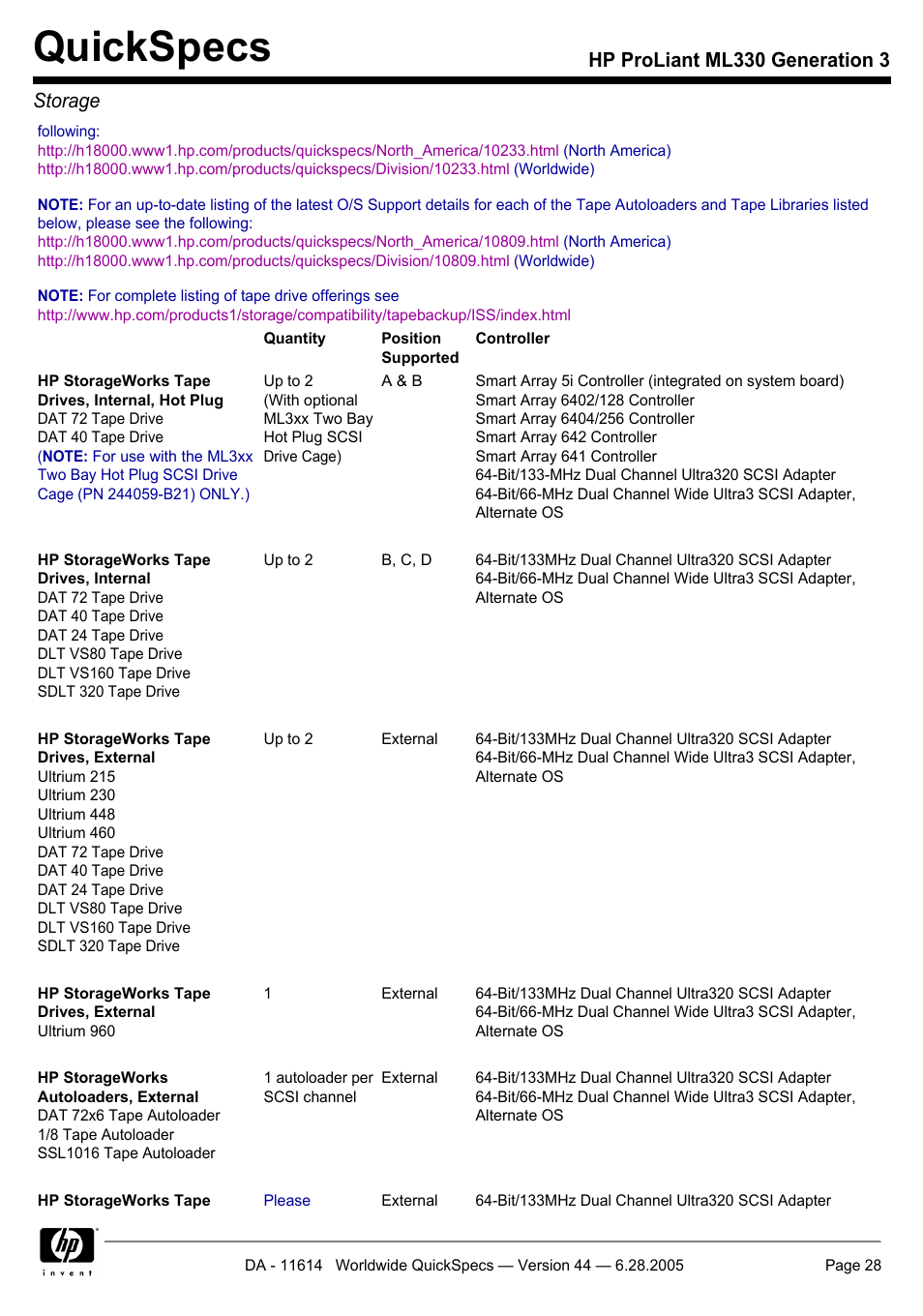 Quickspecs, Hp proliant ml330 generation 3 storage | HP ProLiant ML330 User Manual | Page 28 / 34
