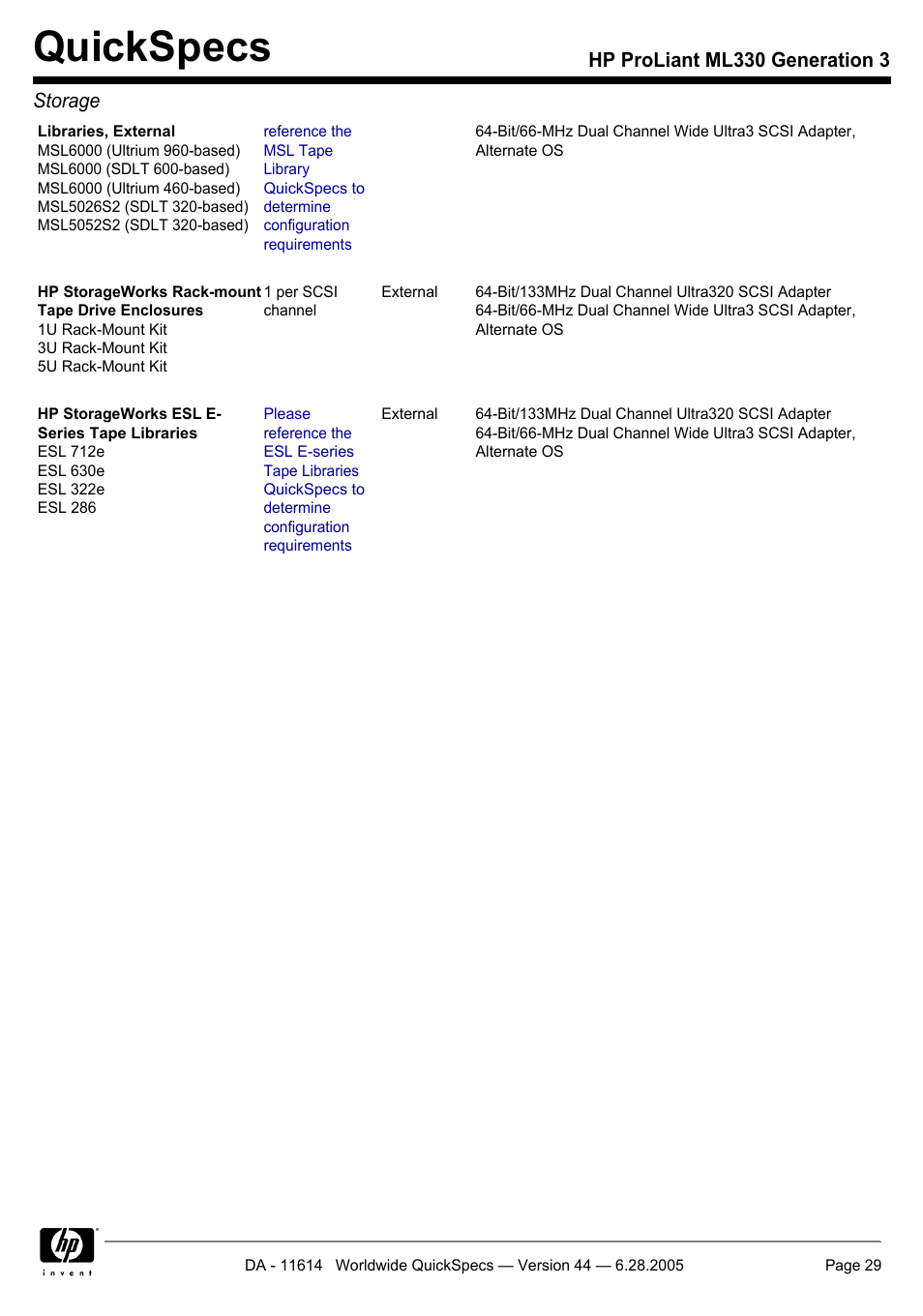Quickspecs, Hp proliant ml330 generation 3 storage | HP ProLiant ML330 User Manual | Page 29 / 34