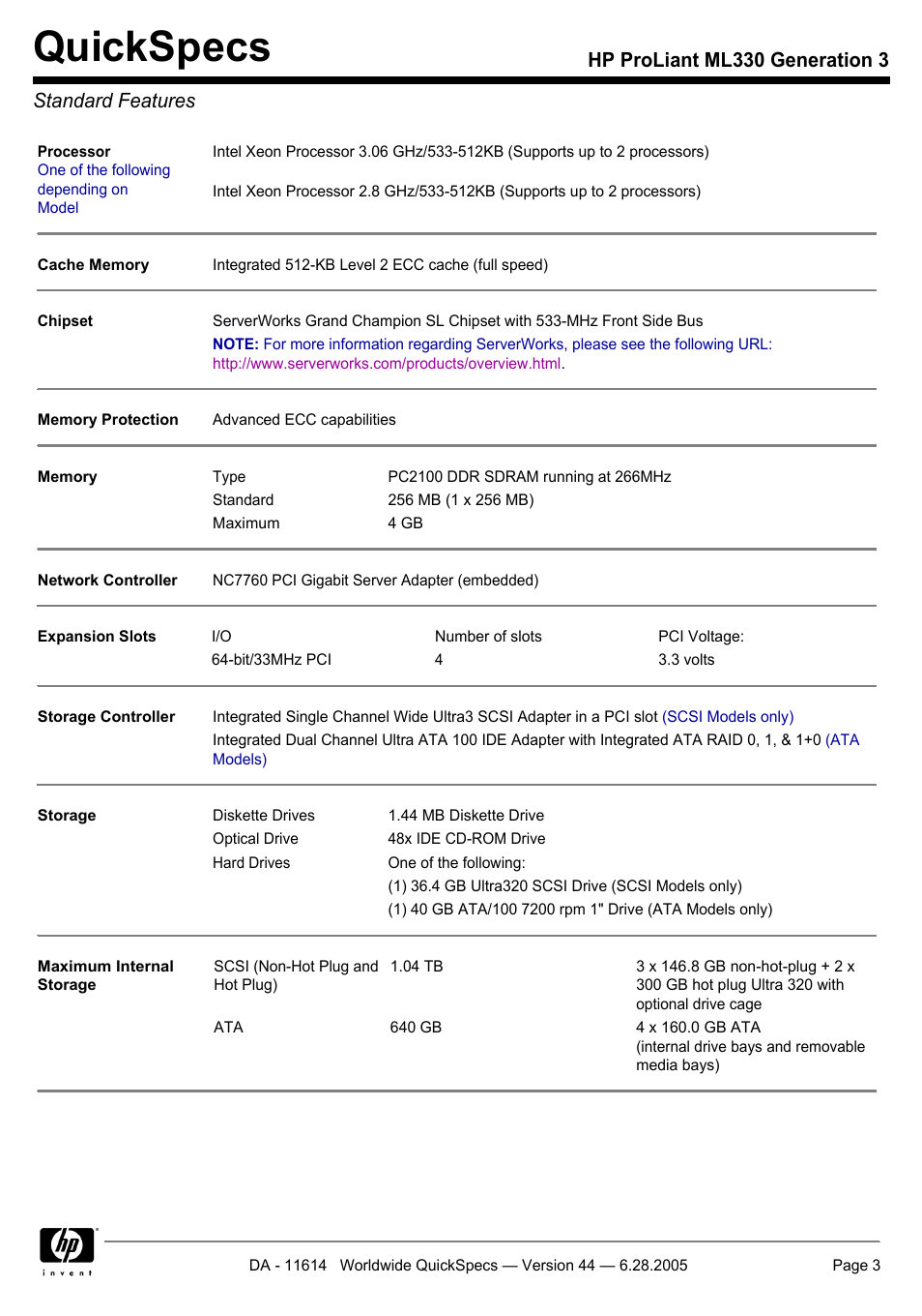 Standard features, Quickspecs, Hp proliant ml330 generation 3 standard features | HP ProLiant ML330 User Manual | Page 3 / 34