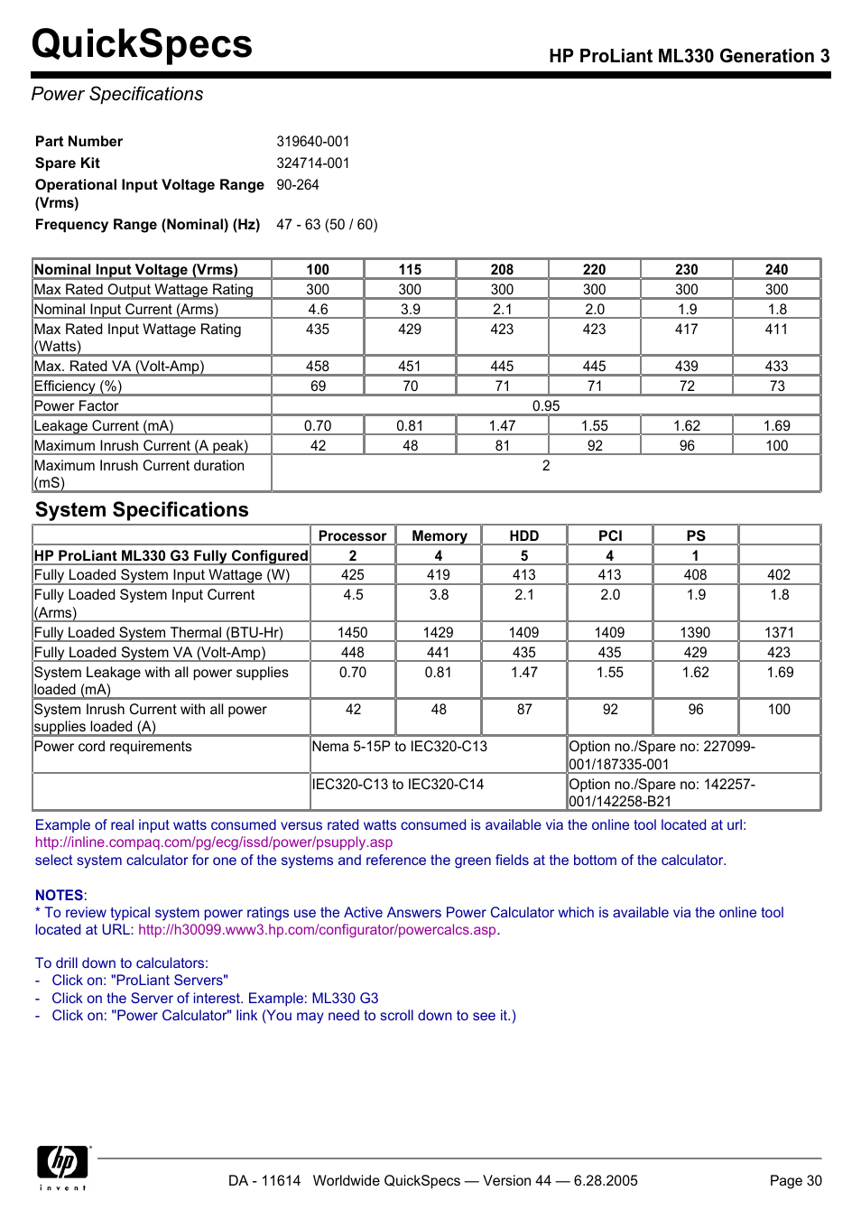 Power specifications, Quickspecs, System specifications | HP ProLiant ML330 User Manual | Page 30 / 34