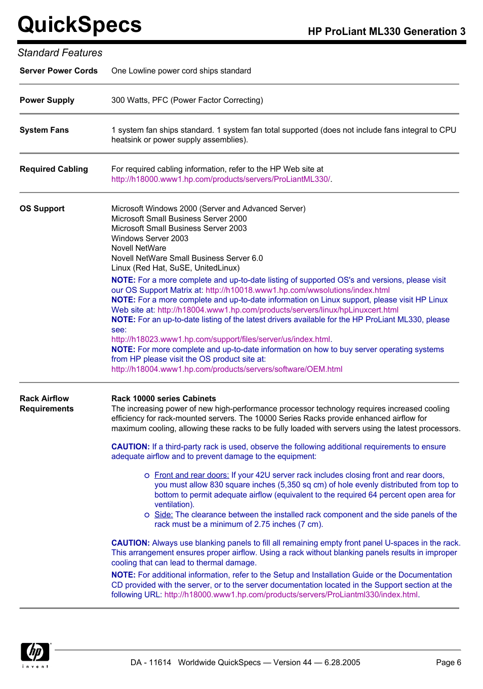 Quickspecs, Hp proliant ml330 generation 3 standard features | HP ProLiant ML330 User Manual | Page 6 / 34