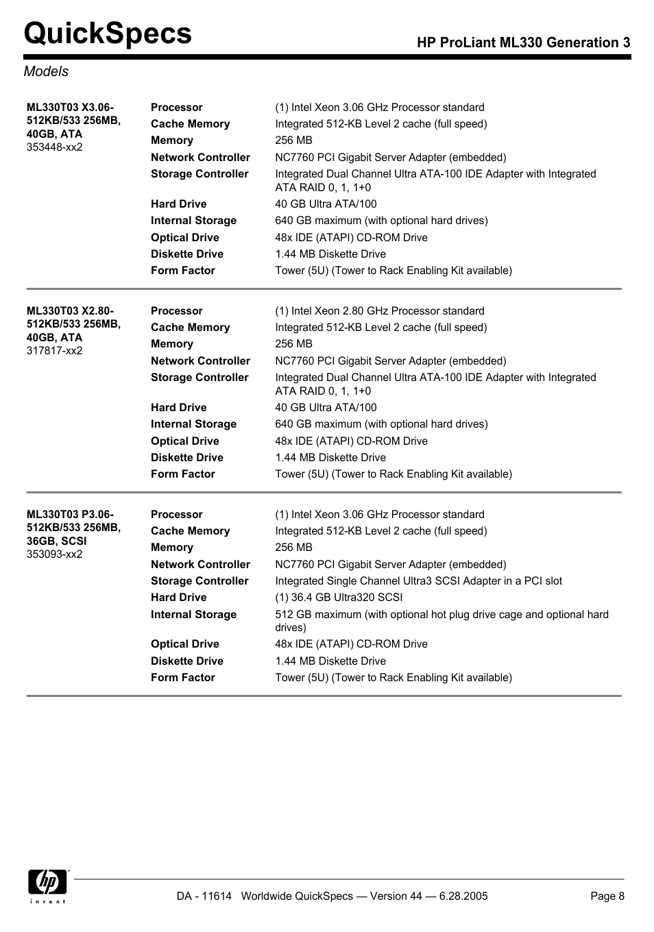 Models, Quickspecs, Hp proliant ml330 generation 3 models | HP ProLiant ML330 User Manual | Page 8 / 34