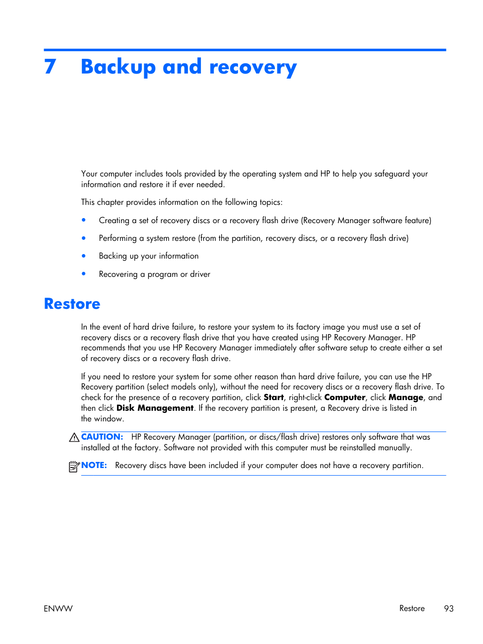 Backup and recovery, Restore, 7 backup and recovery | 7backup and recovery | HP 17 User Manual | Page 101 / 120