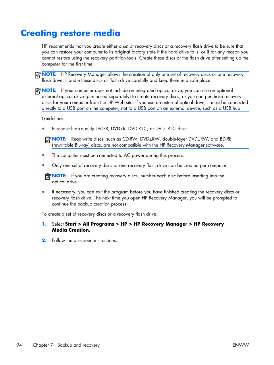 Creating restore media | HP 17 User Manual | Page 102 / 120