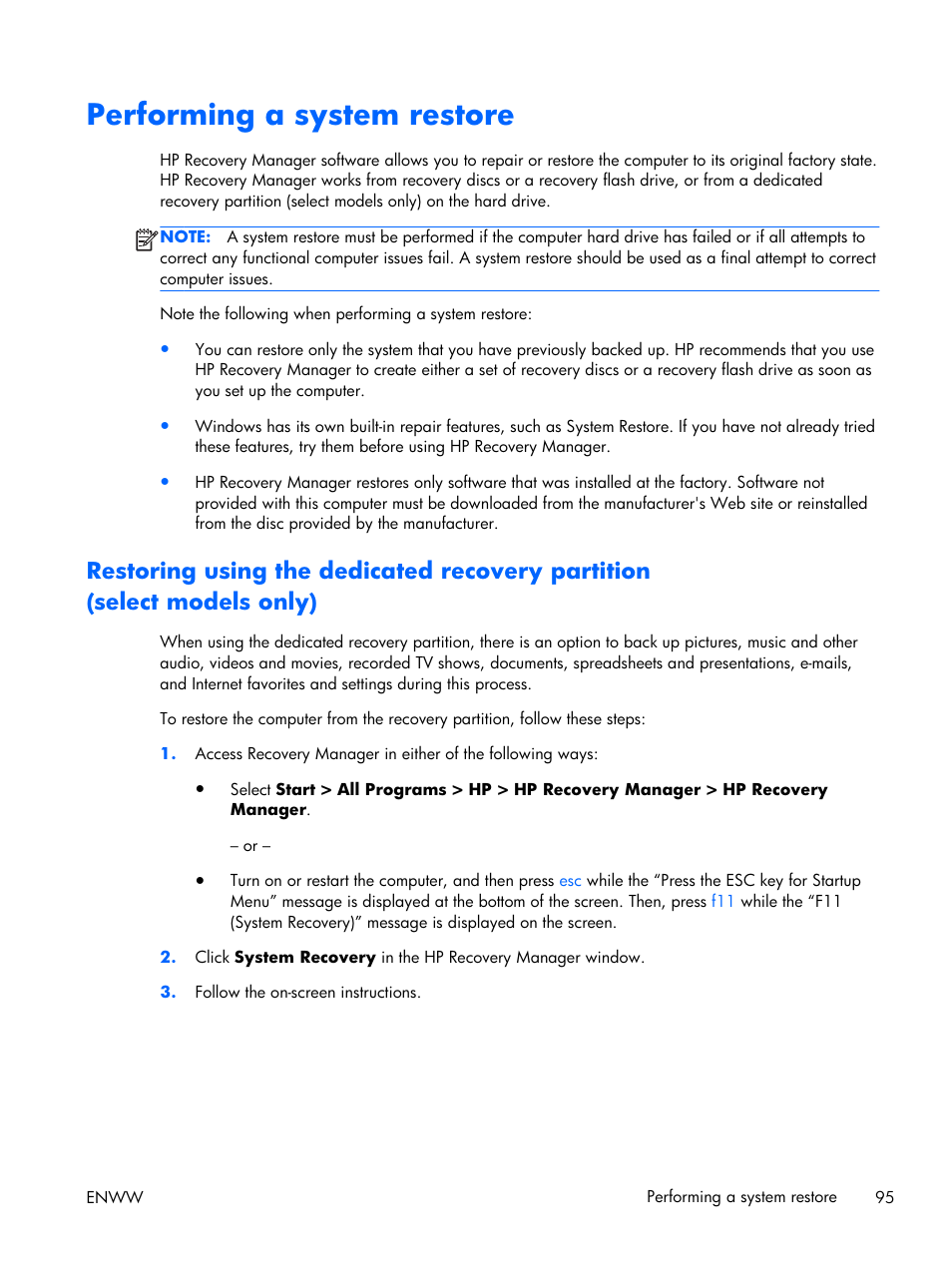 Performing a system restore | HP 17 User Manual | Page 103 / 120
