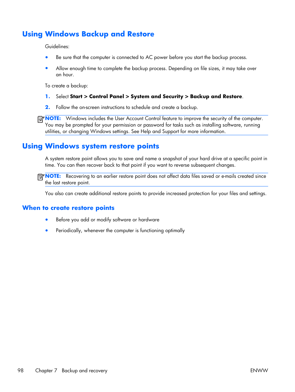 Using windows backup and restore, Using windows system restore points, When to create restore points | HP 17 User Manual | Page 106 / 120