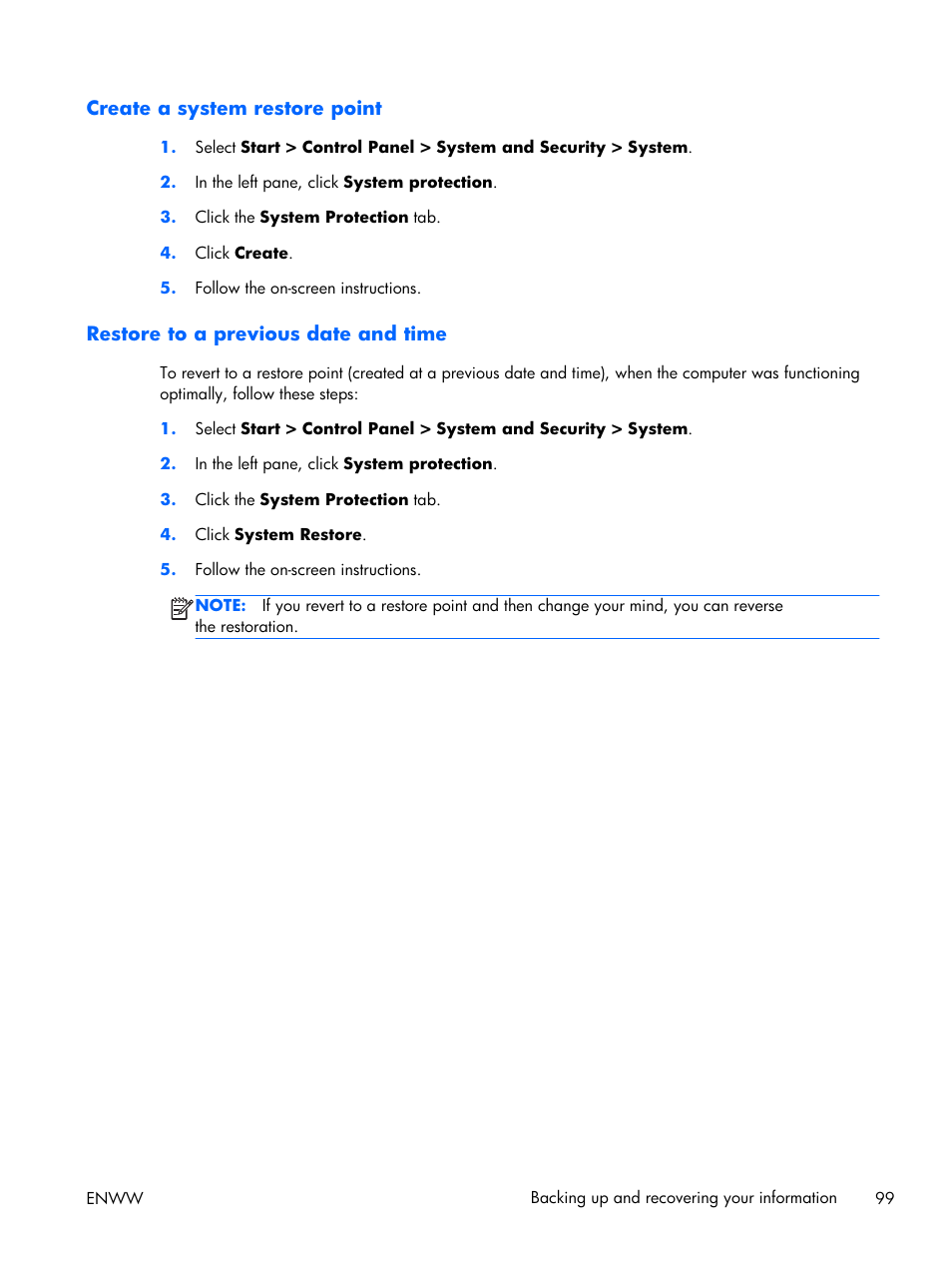 Create a system restore point, Restore to a previous date and time | HP 17 User Manual | Page 107 / 120