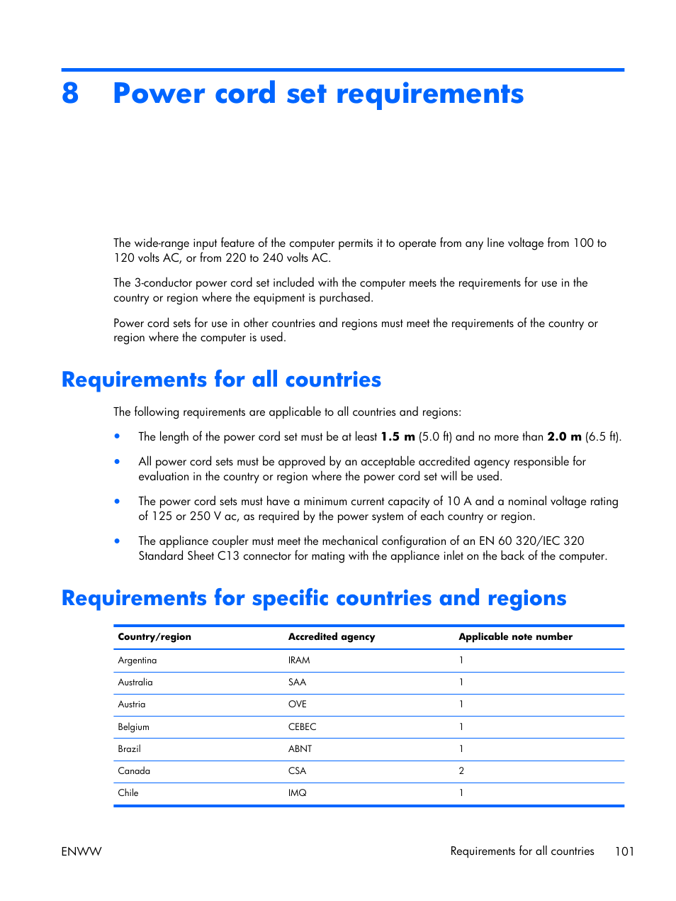 Power cord set requirements, Requirements for all countries, Requirements for specific countries and regions | 8 power cord set requirements, 8power cord set requirements | HP 17 User Manual | Page 109 / 120