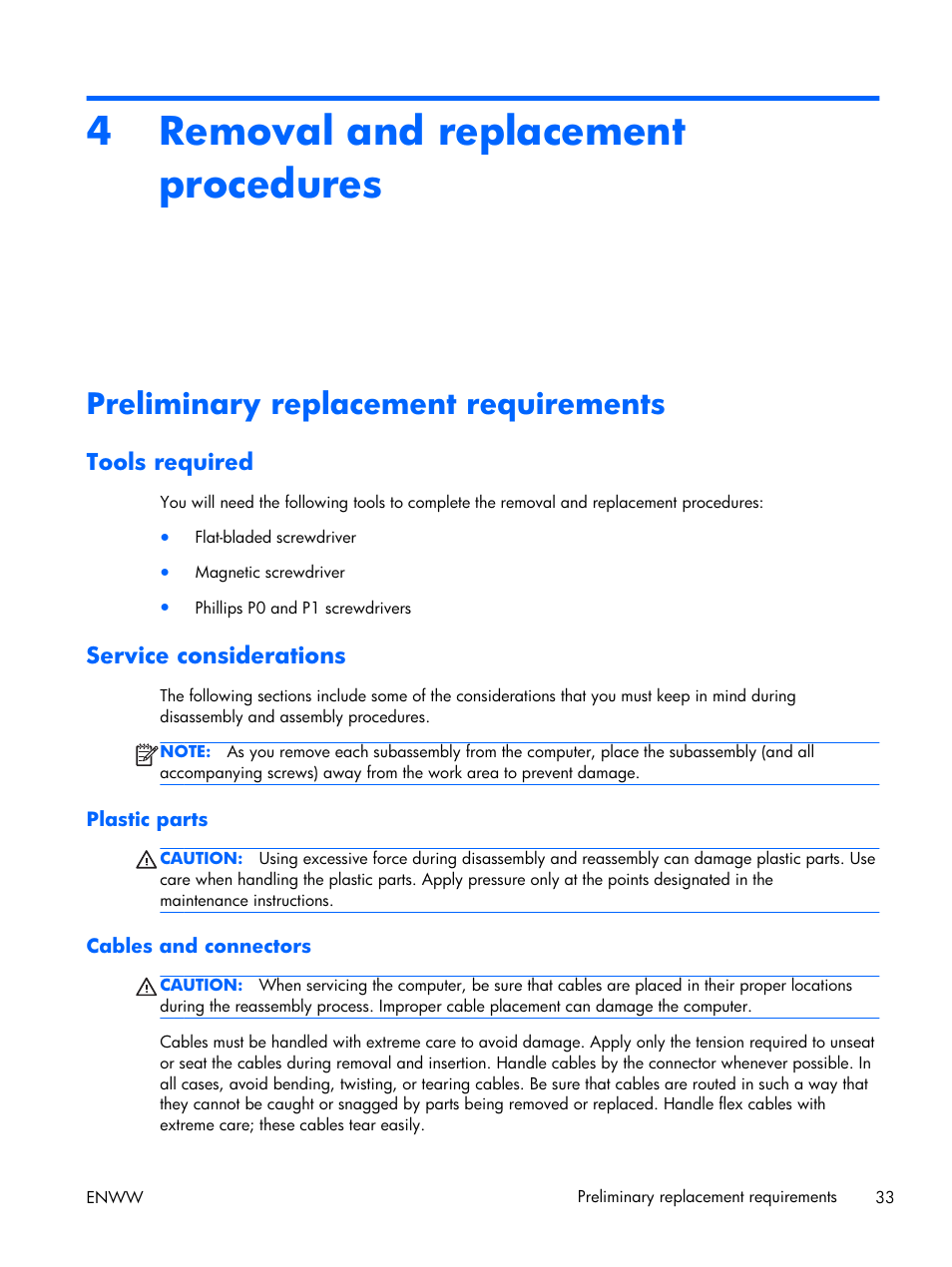 Removal and replacement procedures, Preliminary replacement requirements, Tools required | Service considerations, Plastic parts, Cables and connectors, 4 removal and replacement procedures, Tools required service considerations, Plastic parts cables and connectors, 4removal and replacement procedures | HP 17 User Manual | Page 41 / 120
