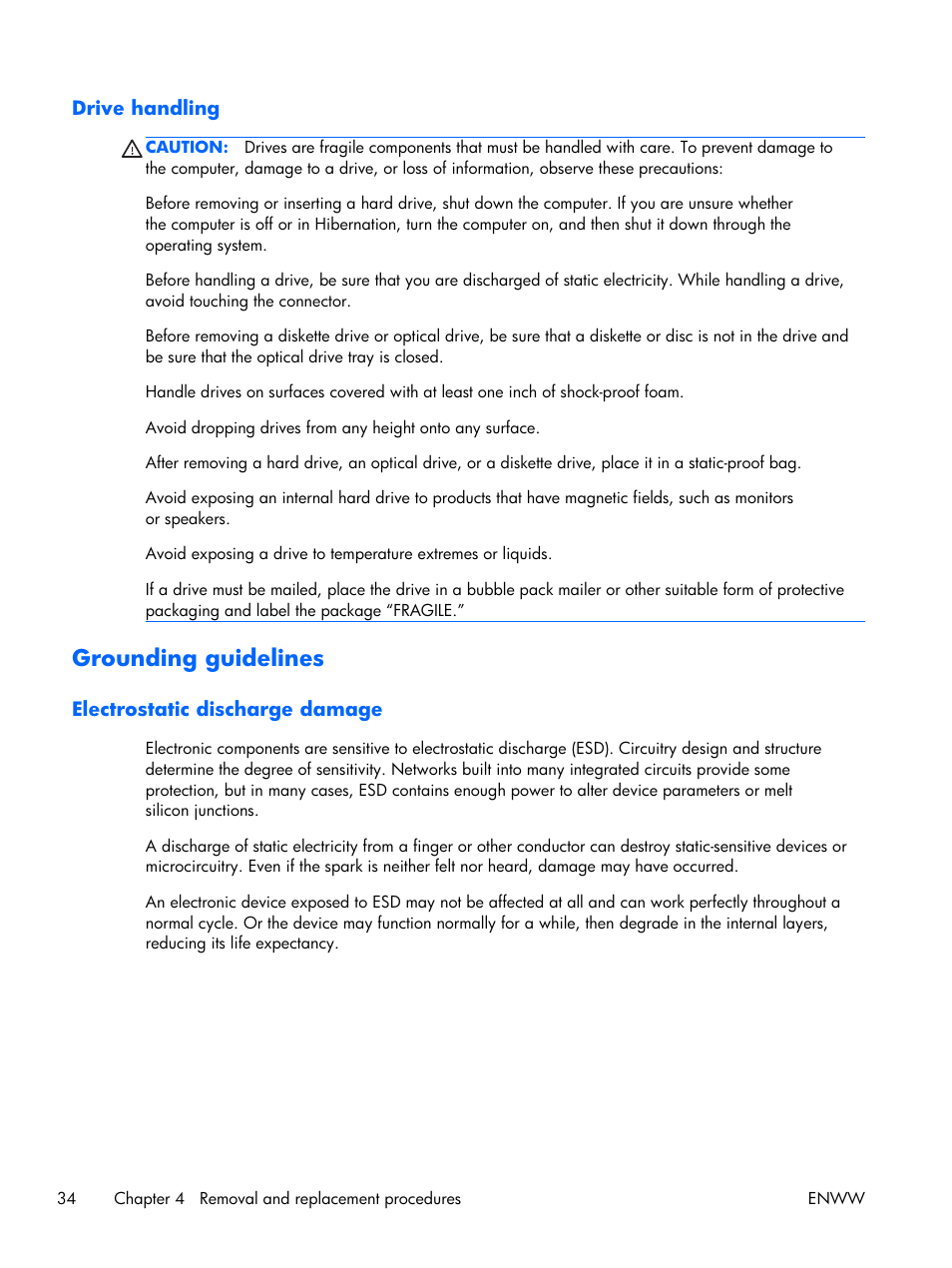 Drive handling, Grounding guidelines, Electrostatic discharge damage | HP 17 User Manual | Page 42 / 120