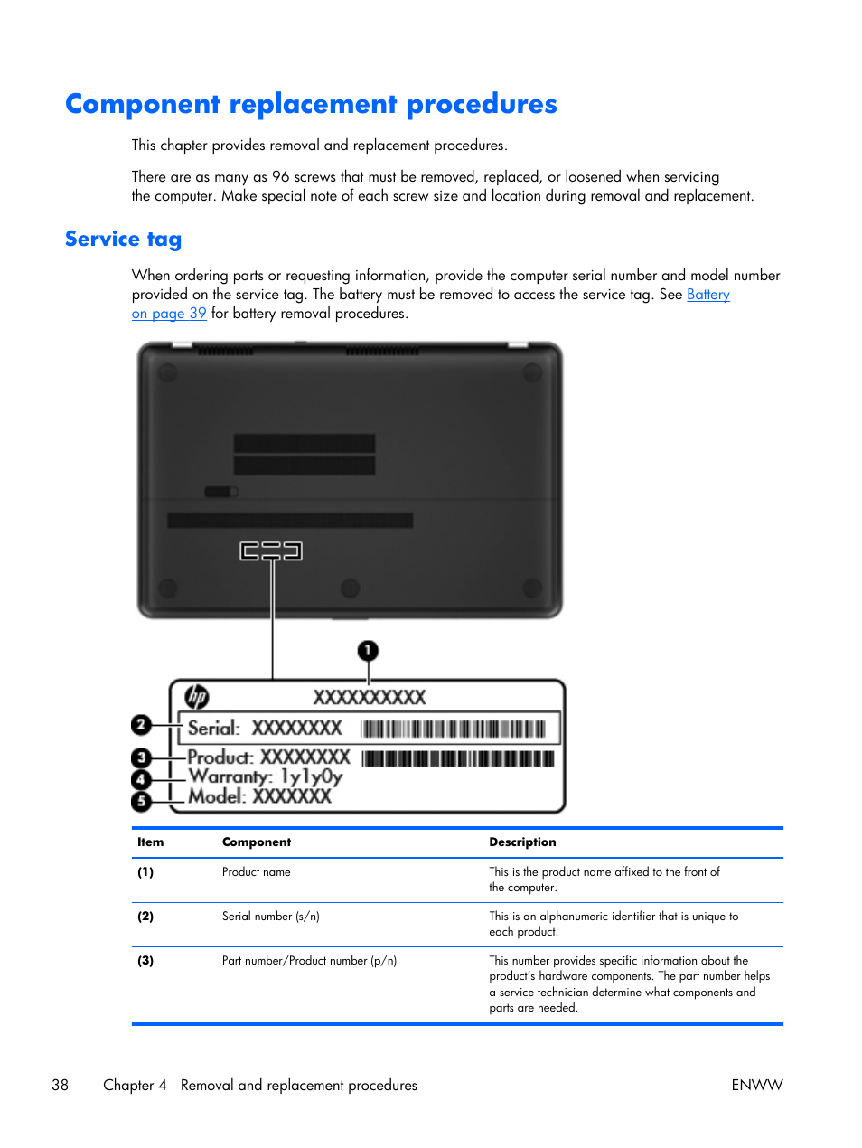 Component replacement procedures, Service tag | HP 17 User Manual | Page 46 / 120