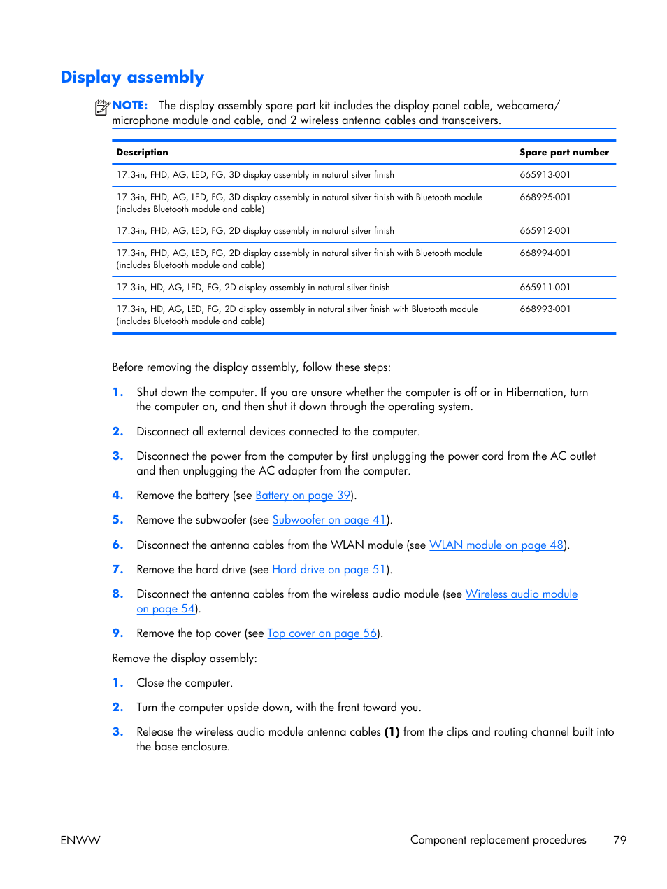 Display assembly | HP 17 User Manual | Page 87 / 120