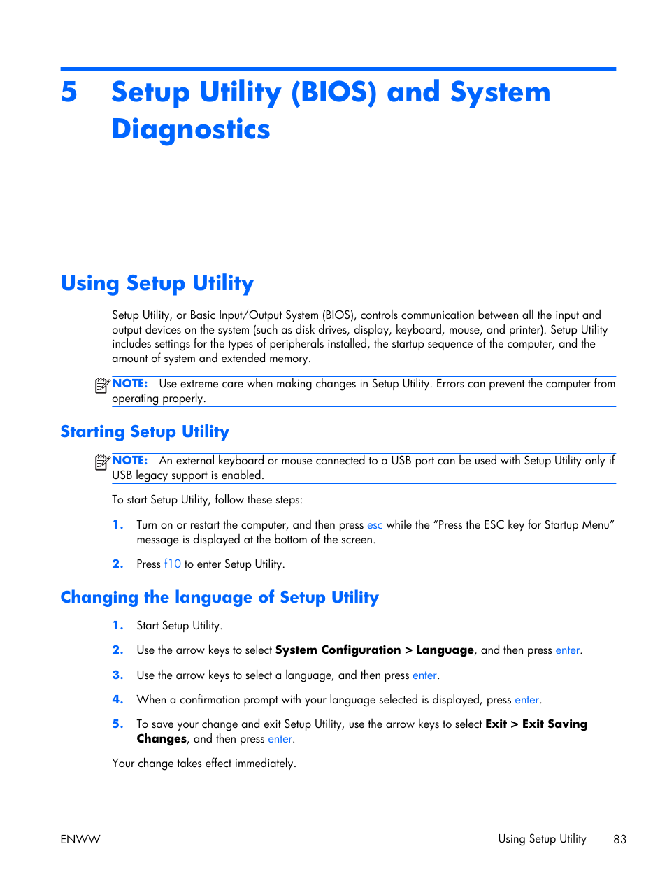 Setup utility (bios) and system diagnostics, Using setup utility, Starting setup utility | Changing the language of setup utility, 5 setup utility (bios) and system diagnostics, 5setup utility (bios) and system diagnostics | HP 17 User Manual | Page 91 / 120