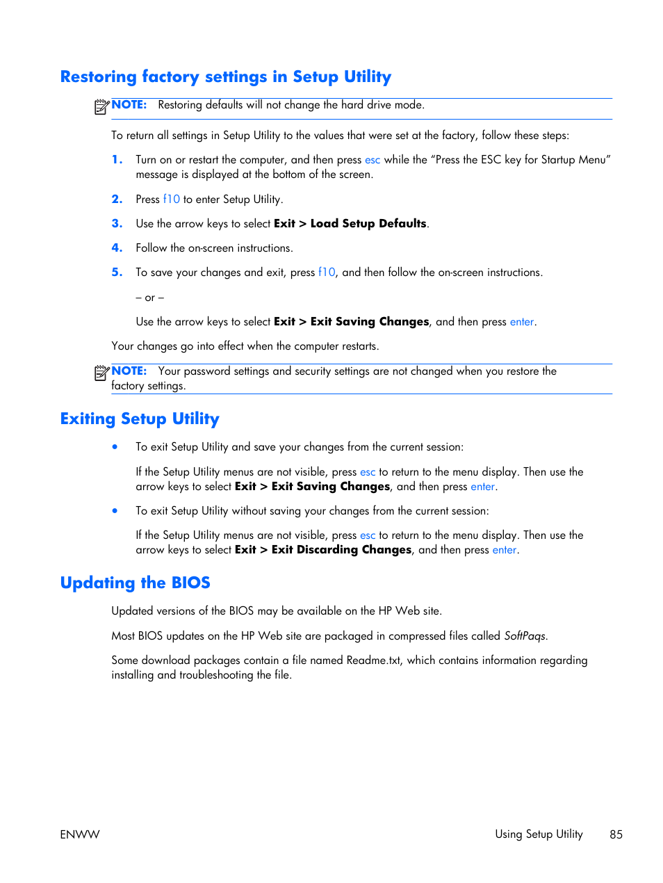 Restoring factory settings in setup utility, Exiting setup utility, Updating the bios | HP 17 User Manual | Page 93 / 120