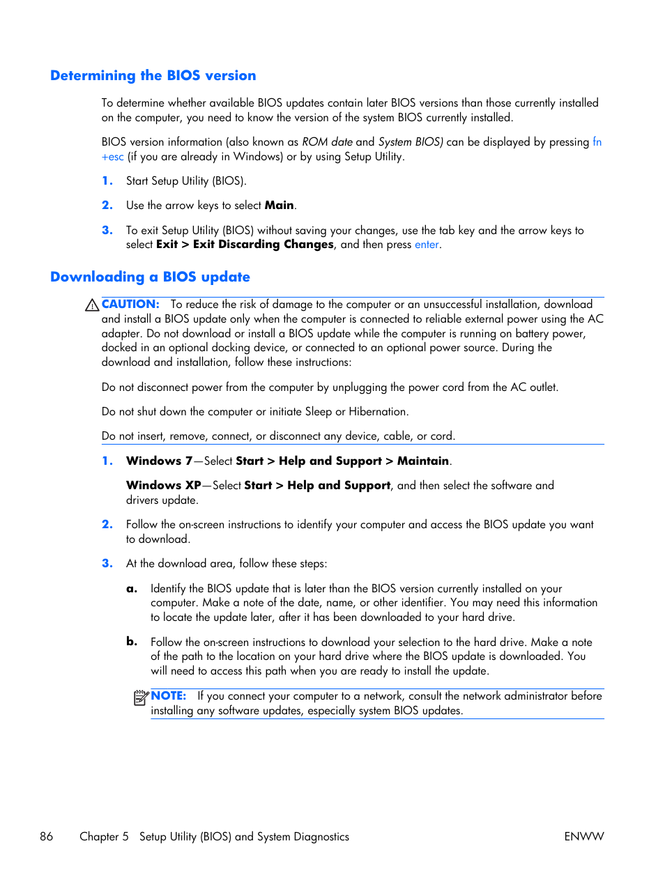 Determining the bios version, Downloading a bios update | HP 17 User Manual | Page 94 / 120