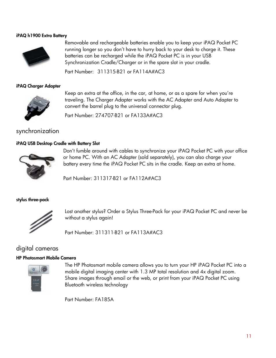 Synchronization, Digital cameras | HP IPAQ H1940 User Manual | Page 10 / 13