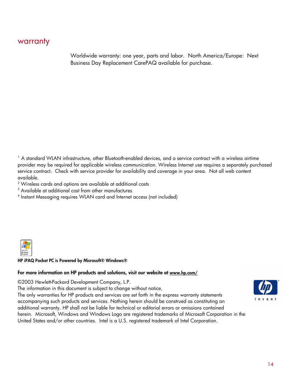Warranty | HP IPAQ H1940 User Manual | Page 13 / 13