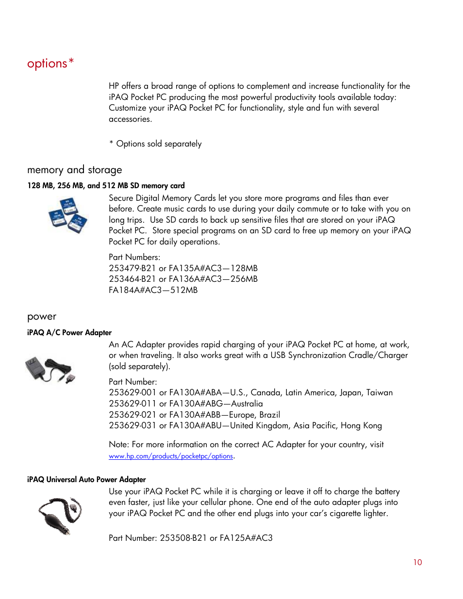 Options, Power | HP IPAQ H1940 User Manual | Page 9 / 13