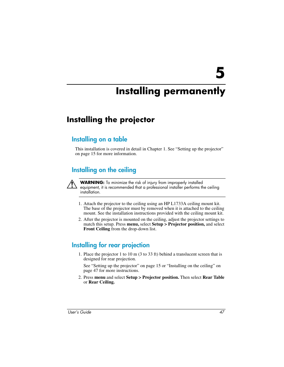 Installing permanently, Installing the projector, Installing on a table | Installing on the ceiling, Installing for rear projection, 5 installing permanently | HP ep7100 User Manual | Page 47 / 85