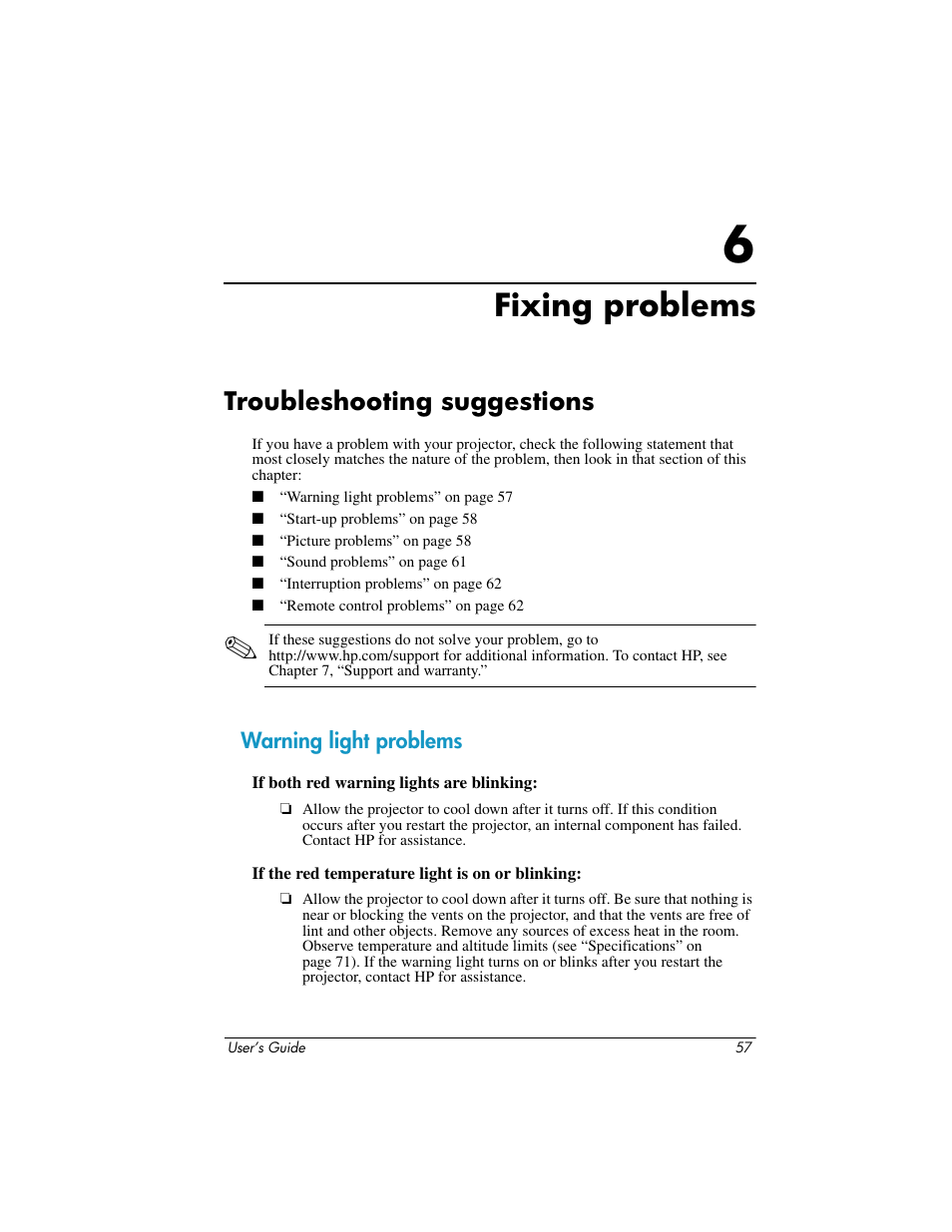 Fixing problems, Troubleshooting suggestions, Warning light problems | 6 fixing problems | HP ep7100 User Manual | Page 57 / 85