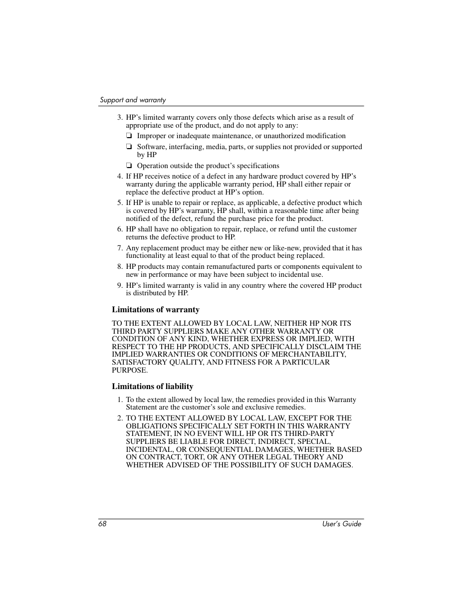 Limitations of warranty, Limitations of liability | HP ep7100 User Manual | Page 68 / 85