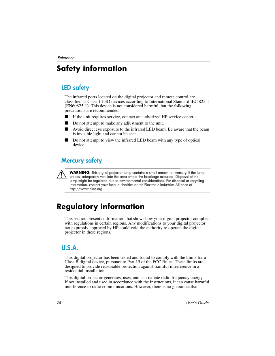 Safety information, Led safety, Mercury safety | Regulatory information, U.s.a, Led safety mercury safety | HP ep7100 User Manual | Page 74 / 85