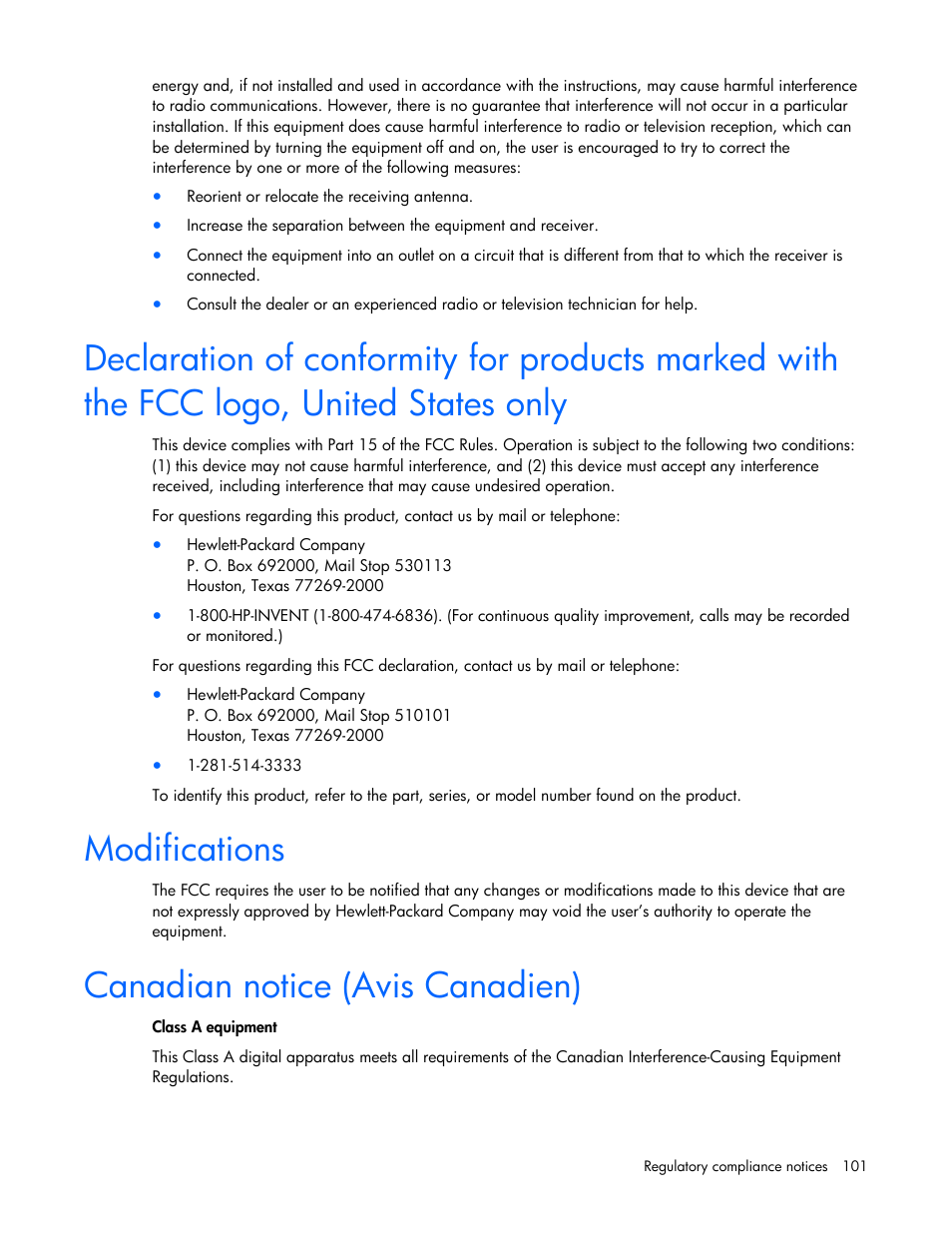 Modifications, Canadian notice (avis canadien) | HP J4367A User Manual | Page 101 / 120