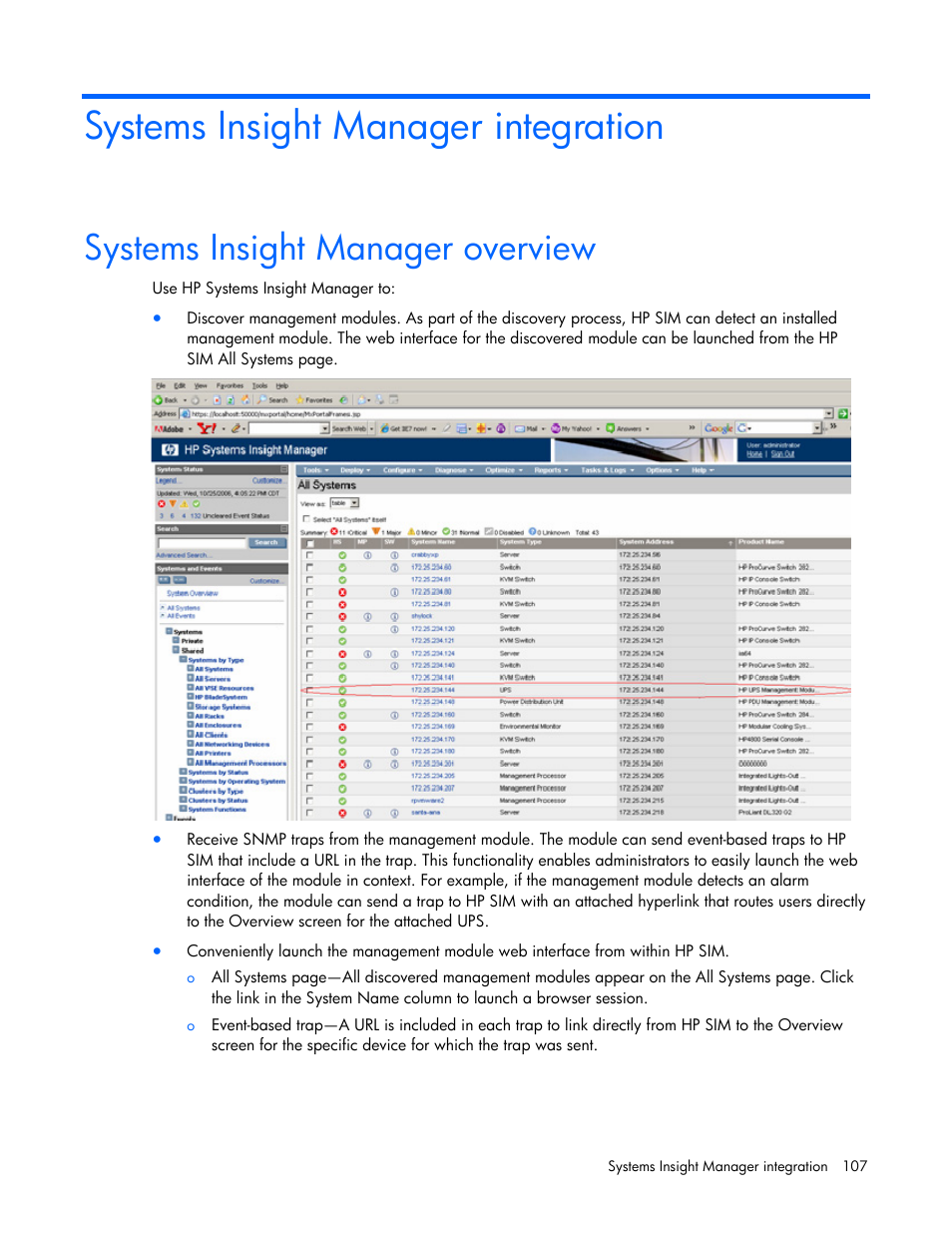Systems insight manager integration, Systems insight manager overview | HP J4367A User Manual | Page 107 / 120