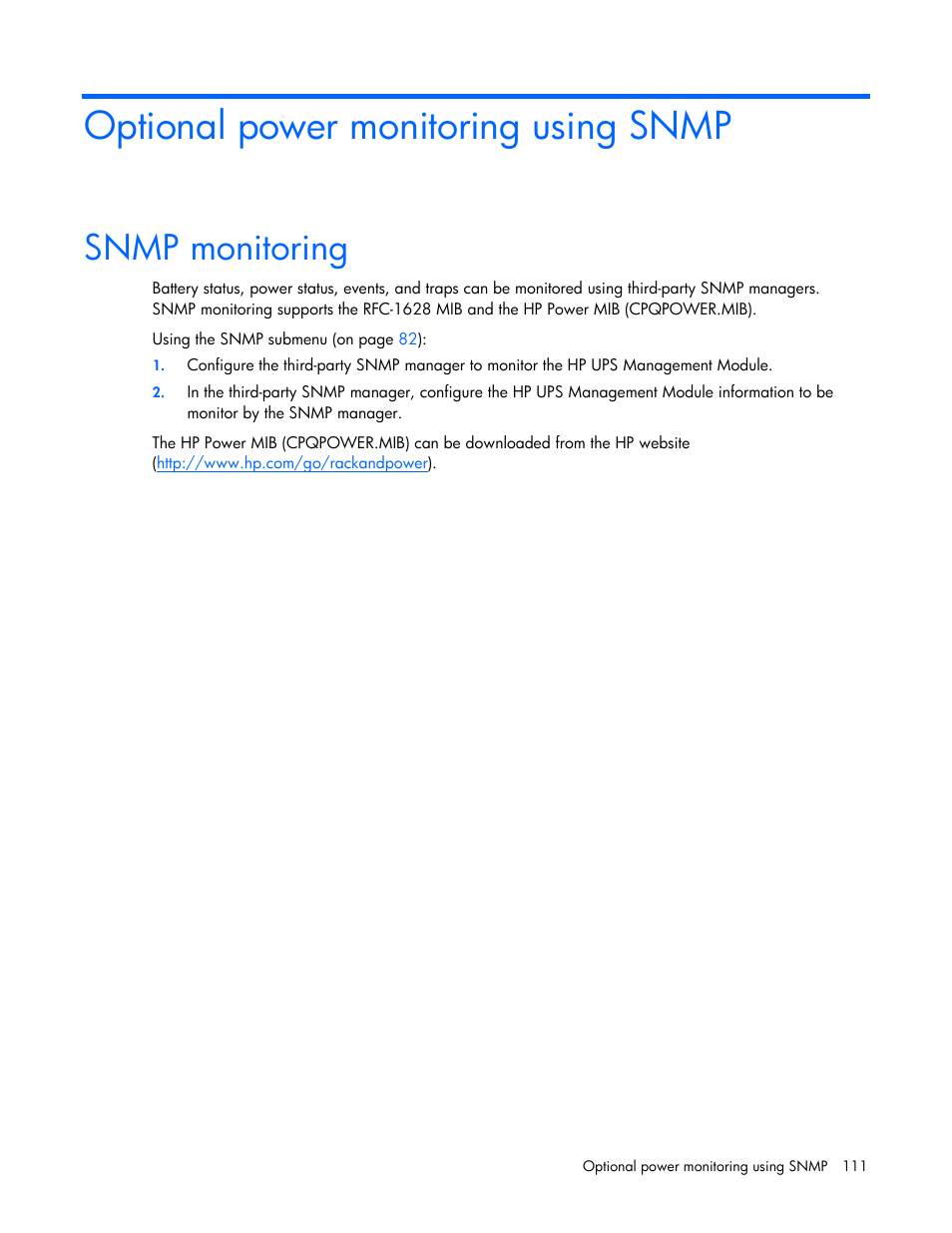 Optional power monitoring using snmp, Snmp monitoring | HP J4367A User Manual | Page 111 / 120