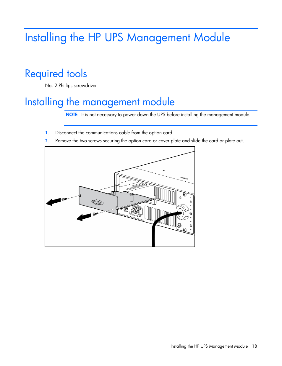 Installing the hp ups management module, Required tools, Installing the management module | HP J4367A User Manual | Page 18 / 120