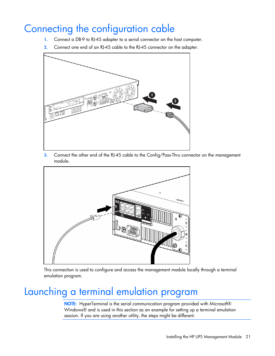 Connecting the configuration cable, Launching a terminal emulation program | HP J4367A User Manual | Page 21 / 120