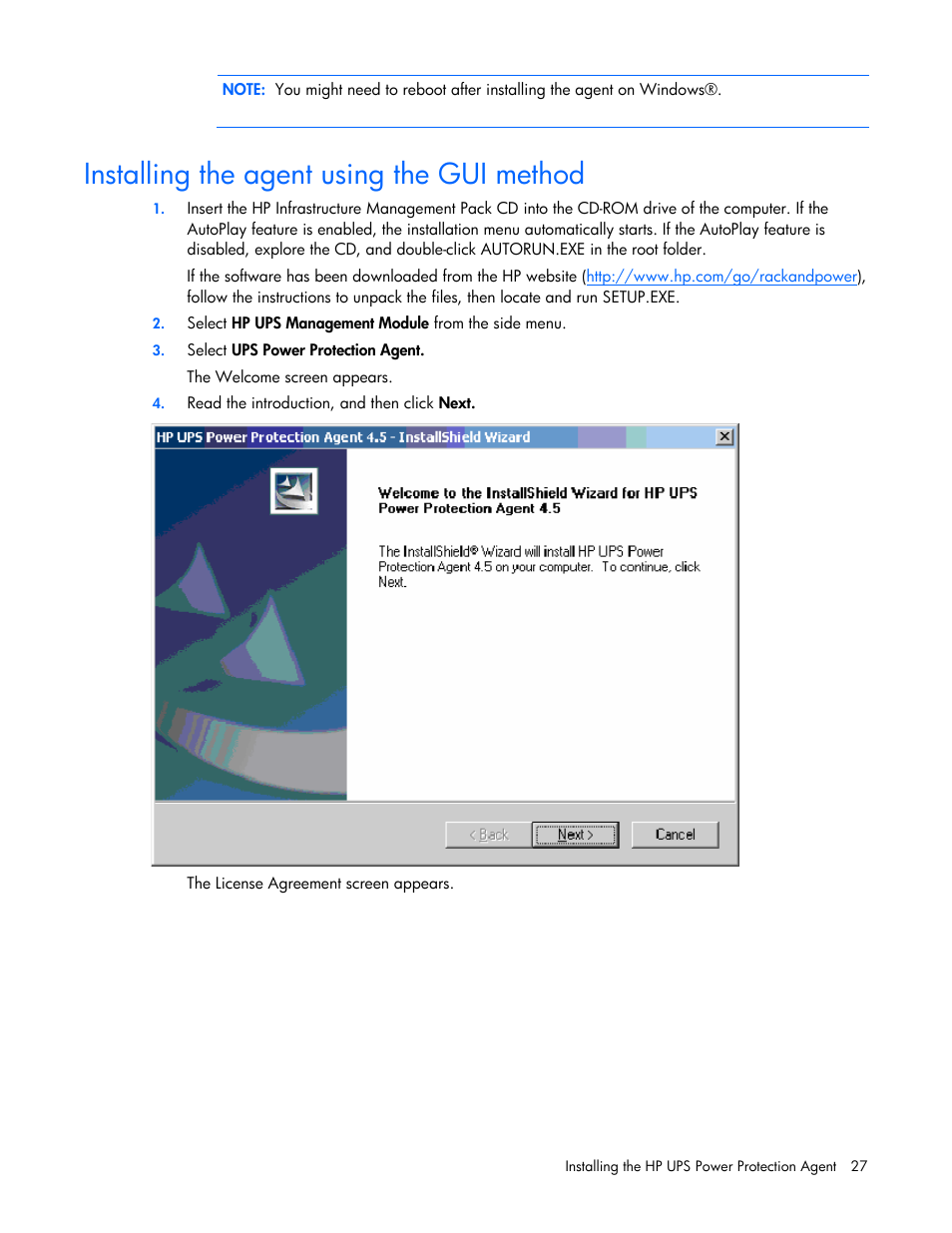 Installing the agent using the gui method | HP J4367A User Manual | Page 27 / 120